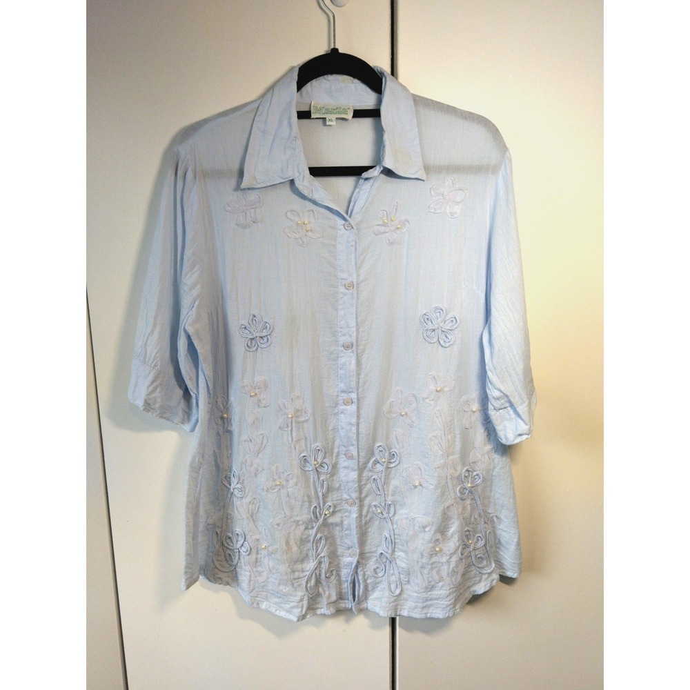 Women's Embroidered Button Down Top Size XL Blue Semi Sheer Embellished Elegant